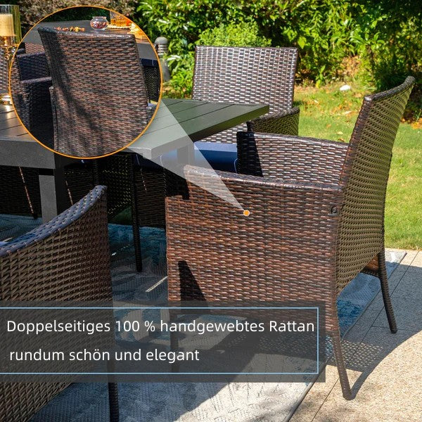 MFSTUDIO 3-teilige Bistro-Garnitur mit Sonnenschirmtisch und Gepolsterten Rattan-Esszimmerstühlen