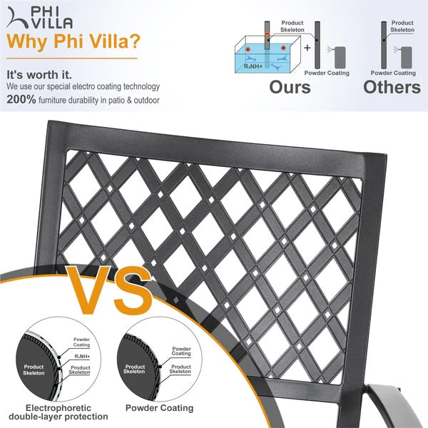 PHI VILLA 5-teiliges Terrassen-Ess-Set aus Metallstahl mit 1 Tisch in Holzoptik und 4 Stapelbaren Stühlen mit Muster