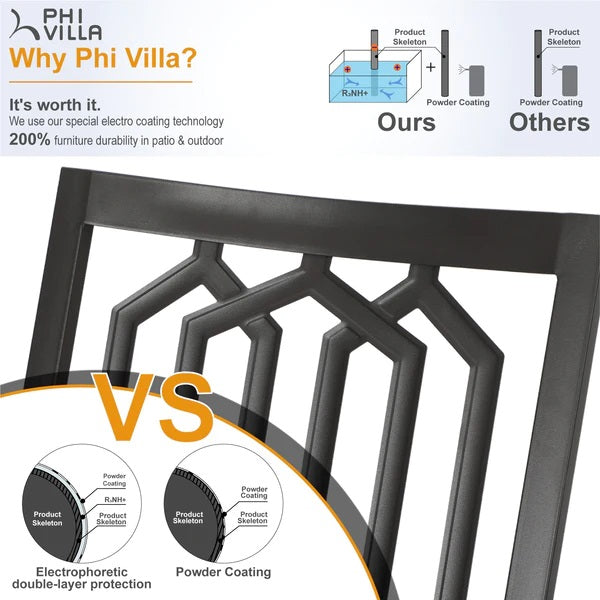 PHI VILLA 5-teiliges Terrassen-Ess-Set aus Metallstahl mit 1 Tisch in Holzoptik und 4 Stapelbaren Stühlen mit Muster