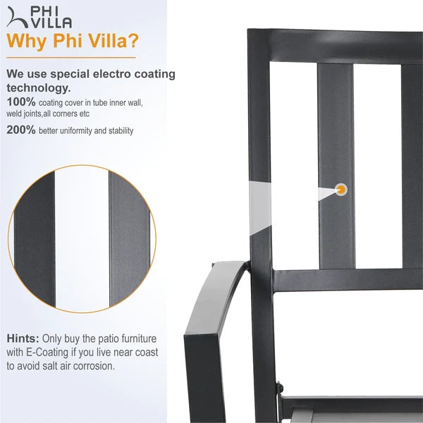 PHI VILLA 7-teiliges Terrassen-Ess-Set mit Rechteckigem Terrassentisch und 6 Stapelbaren Metallstühlen