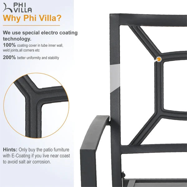 PHI VILLA 5-teiliges Terrassen-Ess-Set aus Metallstahl mit 1 Tisch in Holzoptik und 4 Stapelbaren Stühlen mit Muster