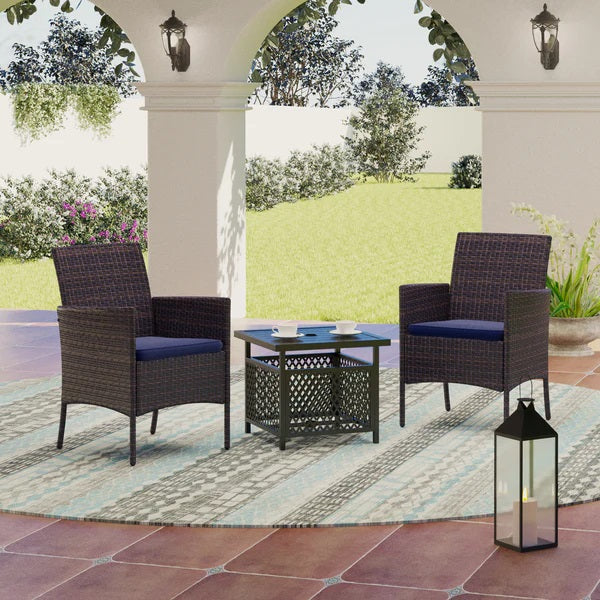 MFSTUDIO 3-teiliges Terrassen-Bistro-Set mit Sonnenschirmtisch und Gepolsterten Rattan-Esszimmerstühlen