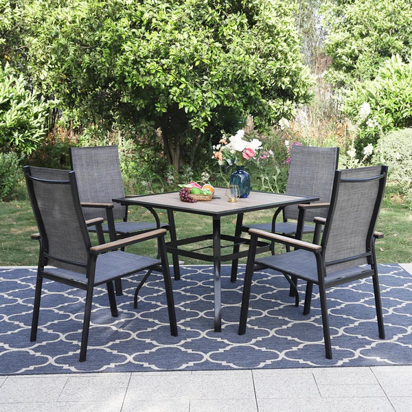 PHI VILLA 5-teiliges Outdoor-Ess-Set mit Quadratischem Tisch in Holzoptik und 4 Festen Stühlen aus Textilene Media 1 of 1