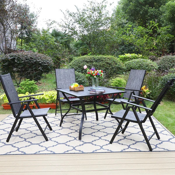 Sophia & William 5-teiliges Terrassen-Ess-Set mit Quadratischem Stahltisch und Faltbaren Sling-Stühlen aus Textilene