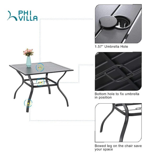 PHI VILLA 5-teiliges Terrassen-Ess-Set mit Quadratischem Stahltisch und Festen Stühlen aus Aluminium und Textilene