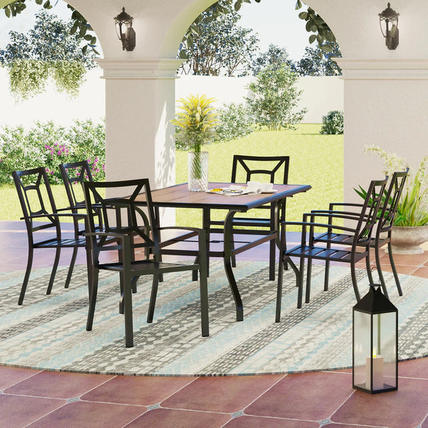 PHI VILLA 7-teilige Terrassen-Essgruppe mit Tisch in Holzoptik und 6 Stapelbaren Stühlen aus Metall und Stahl
