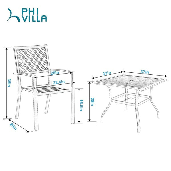 PHI VILLA 5-teiliges Terrassen-Ess-Set aus Metallstahl mit 1 Tisch in Holzoptik und 4 Stapelbaren Stühlen mit Muster