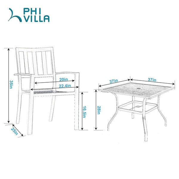 PHI VILLA 5-teiliges Terrassen-Ess-Set aus Metallstahl mit 1 Tisch in Holzoptik und 4 Stapelbaren Stühlen mit Muster