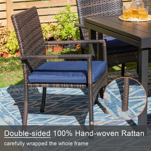 PHI VILLA 7-teiliges Terrassen-Ess-Set mit Tisch in Holzoptik und 6 Gepolsterten Stühlen aus Rattan